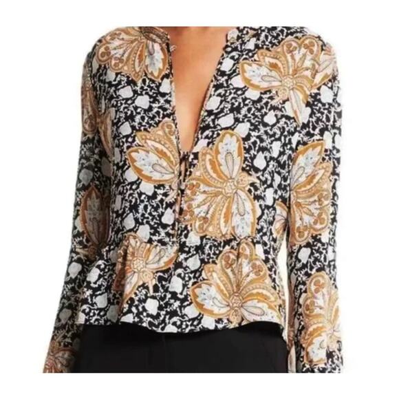 A.L.C. Women's Floral Lox Silk Top Black Gold Keyhole/V Neck Long Sleeve Peplum - Picture 3 of 13